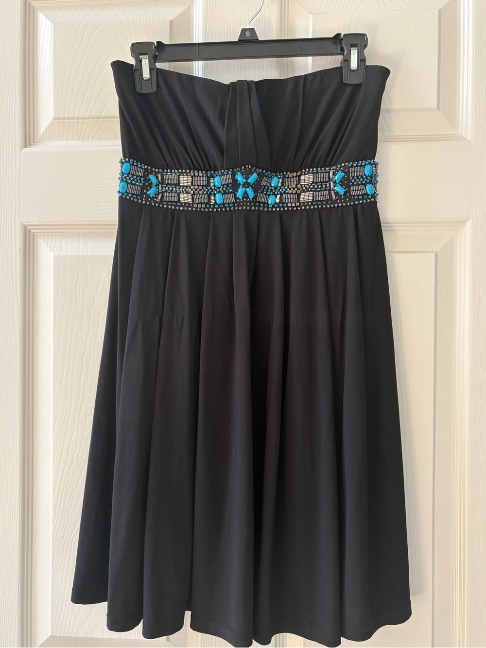 White House Black Market Black Strapless Dress with Turquoise Beaded Waist